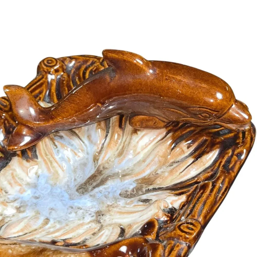 Vintage Brown Glazed Dolphin Topped Florida Souvenir Dripware Ashtray 7
